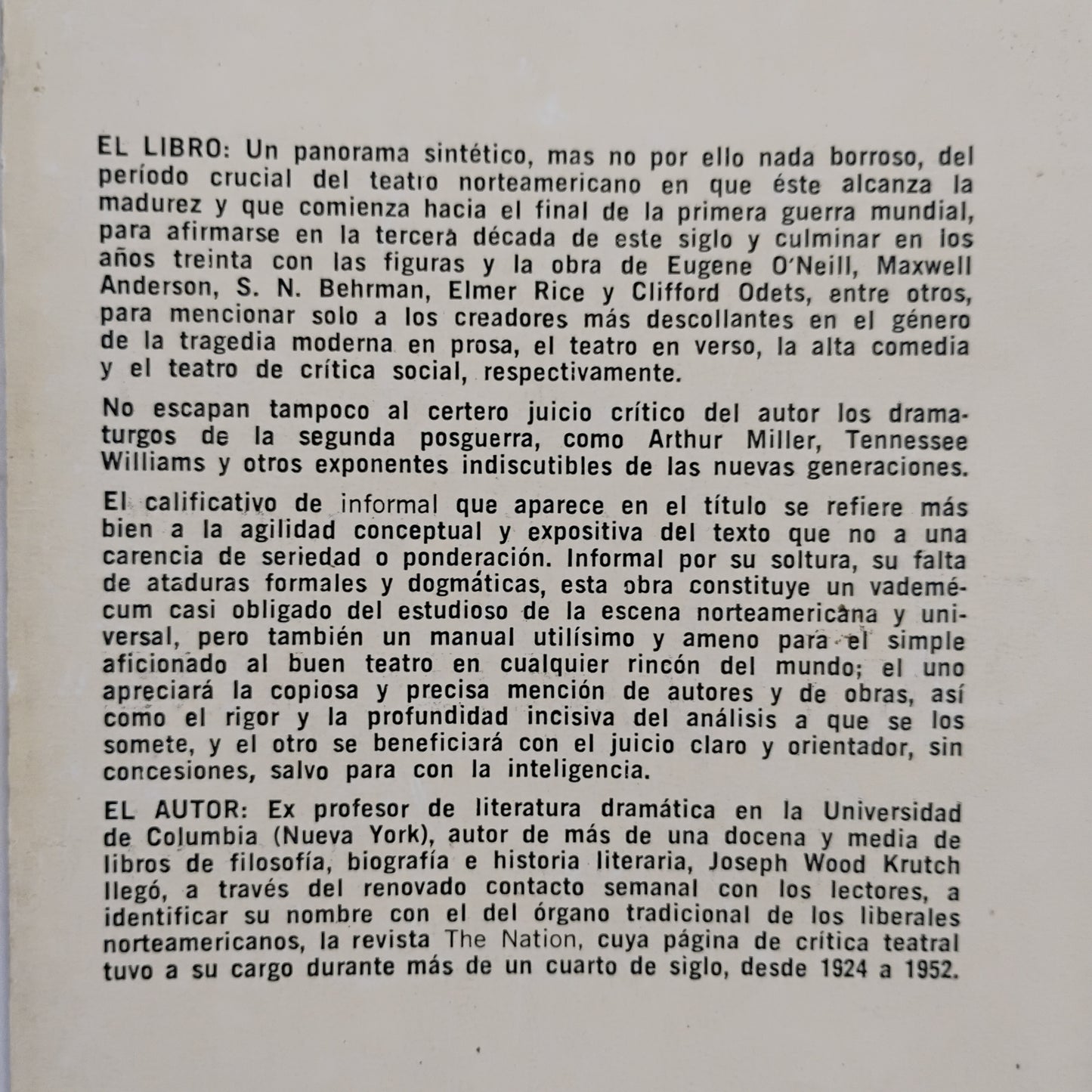 HISTORIA INFORMAL DEL TEATRO NORTEAMERICANO a partir de 1918 - Joseph Wood Krutch